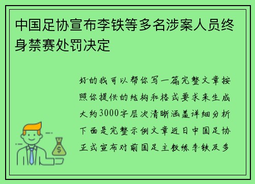 中国足协宣布李铁等多名涉案人员终身禁赛处罚决定 中国足协宣布李铁等多名涉案人员终身禁赛处罚决定