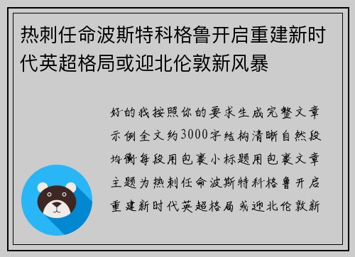 热刺任命波斯特科格鲁开启重建新时代英超格局或迎北伦敦新风暴